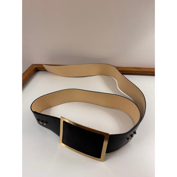 Hotel Particulier Women\'s Belt Wide Black Genuine Leather Gold Brass Buckle M/L